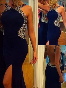 Charming Mermaid Navy Blue Prom Gown Prom and Party and For with Beading V-neck Sleeveless Court Train Backless