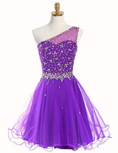A-line Prom Dress Purple One Shoulder Organza Sleeveless Mini Length Zipper