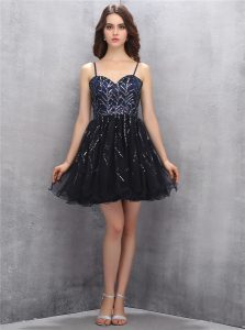 Fitting Black A-line Sequins Prom Gown Lace Up Tulle Sleeveless Mini Length