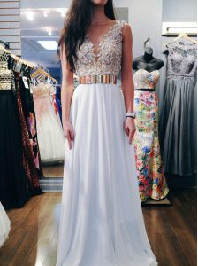 Shining A-line Prom Evening Gown White V-neck Chiffon Sleeveless Floor Length Backless