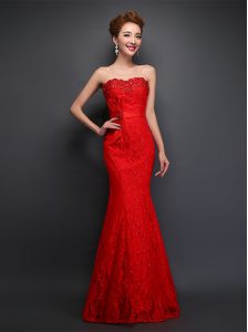 Customized Red Mermaid Sweetheart Sleeveless Lace Floor Length Lace Up Beading and Bowknot Dress for Prom