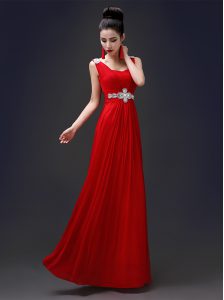 Noble Red Square Neckline Beading Dress for Prom Sleeveless Zipper