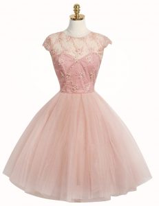 Custom Fit Scoop Appliques Prom Dress Pink Zipper Cap Sleeves Knee Length