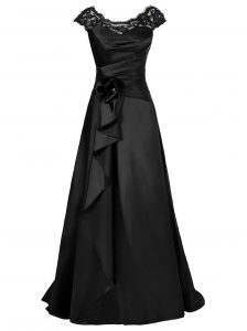 Elegant Scoop Cap Sleeves Floor Length Zipper Black for Prom and Wedding Party with Beading and Appliques