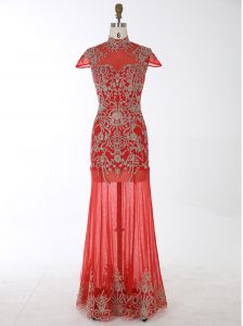 Cheap Mermaid Beading and Appliques Red Backless Cap Sleeves Floor Length