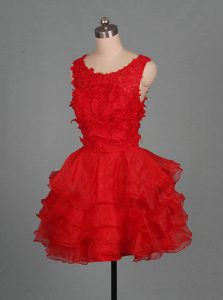 Scoop Red Organza Zipper Dress for Prom Sleeveless Mini Length Appliques