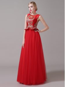 Red Prom Evening Gown Prom and Party and For with Appliques Scoop Sleeveless Zipper