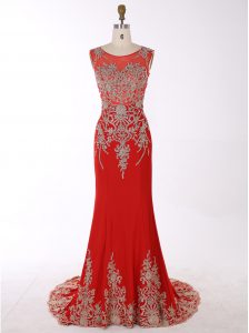 Mermaid Scoop With Train Red Chiffon Brush Train Sleeveless Beading and Appliques