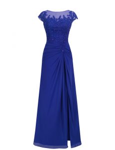 Attractive Chiffon Scoop Cap Sleeves Zipper Appliques Prom Dresses in Royal Blue