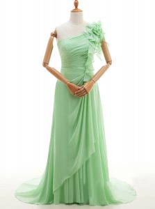 High Quality One Shoulder Sleeveless Chiffon With Train Sweep Train Lace Up Prom Dresses in Green with Ruffles and Hand 