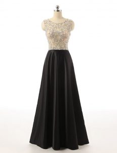 Scoop Black Satin Side Zipper Evening Dress Sleeveless Floor Length Beading