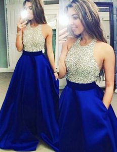 Admirable Royal Blue Halter Top Backless Beading Prom Gown Sleeveless