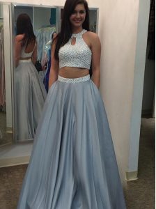 Silver Halter Top Neckline Beading Prom Evening Gown Sleeveless Backless