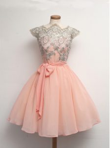 Exquisite Cap Sleeves Scalloped Knee Length Zipper Prom Gown Peach for Prom and Party with Appliques