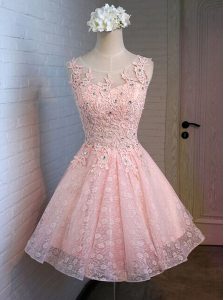 Perfect Pink Scoop Lace Up Appliques Evening Dress Sleeveless