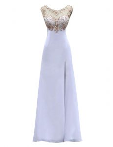 Floor Length White Prom Gown Scoop Sleeveless Backless