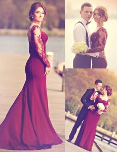 Extravagant Mermaid Scoop Elastic Woven Satin Long Sleeves Prom Dress Brush Train and Appliques