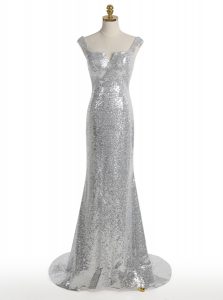 Romantic Mermaid Square Sequins Silver Sleeveless Sequined Sweep Train Zipper Prom Gown for Prom and Party