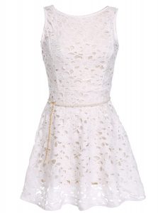 Fabulous Scoop Sleeveless Mini Length Lace and Belt Zipper with White