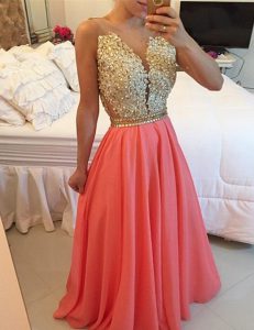 Traditional Watermelon Red Homecoming Dress Prom and For with Beading and Appliques V-neck Sleeveless Backless