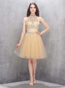 Elegant Champagne Zipper Prom Party Dress Beading Sleeveless Knee Length