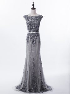 Chic Mermaid Scoop Lace Sleeveless Beading Zipper Prom Gown with Grey Brush Train