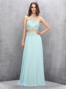 Halter Top Floor Length Zipper Dress for Prom Light Blue for Prom with Beading