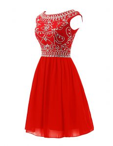 Scoop Sleeveless Mini Length Beading Zipper Prom Gown with Red
