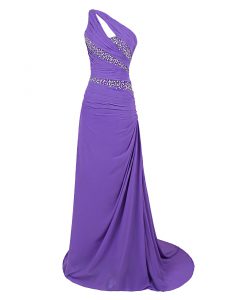 Graceful One Shoulder Purple Sleeveless Beading Zipper Prom Gown