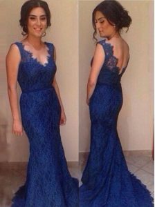 Designer Mermaid Royal Blue Prom Evening Gown Prom and Party and For with Lace V-neck Sleeveless Court Train Backless
