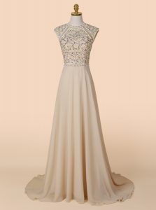 Glorious Champagne Backless Scoop Beading Prom Gown Chiffon Sleeveless Brush Train