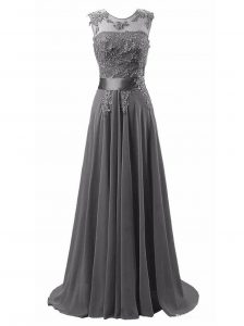 Romantic Scoop Sleeveless Brush Train Beading and Appliques Lace Up Evening Dress