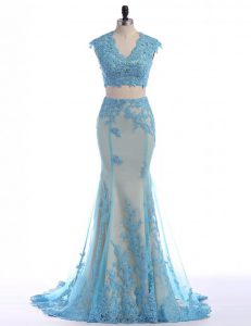 Amazing Mermaid Blue Zipper V-neck Lace Prom Party Dress Tulle Sleeveless Brush Train
