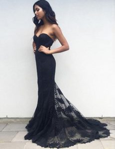 High Quality Black Mermaid Appliques Dress for Prom Zipper Lace Sleeveless With Train