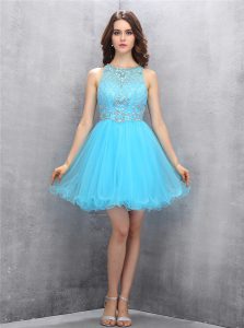 Classical Scoop Knee Length Zipper Dress for Prom Baby Blue for Party with Beading