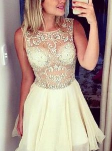 Scoop Sleeveless Knee Length Beading Zipper Homecoming Dress with Champagne
