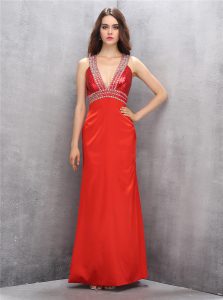 Sleeveless Satin Floor Length Criss Cross Evening Dress in Coral Red with Beading