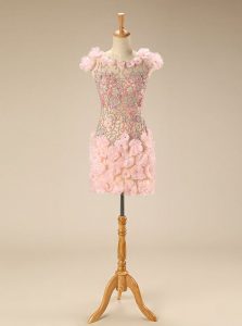 Chic Scoop Mini Length Pink Tulle Cap Sleeves Beading and Hand Made Flower