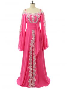 Long Sleeves Lace and Sequins Zipper Prom Party Dress with Hot Pink Sweep Train