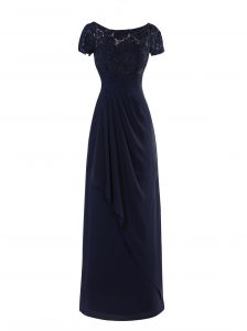 Navy Blue A-line Scoop Short Sleeves Chiffon Floor Length Zipper Lace and Ruching