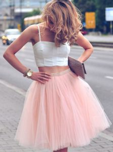 Pink And White Tulle Zipper Evening Dress Sleeveless Mini Length Ruffles