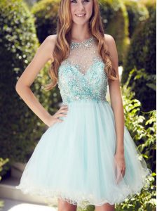 Fitting Scoop Mini Length Zipper Prom Dress Light Blue for Prom with Beading and Ruching