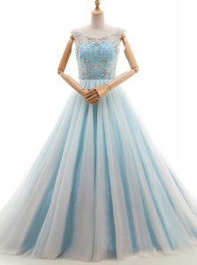 Scoop Light Blue A-line Beading Evening Dress Lace Up Tulle Sleeveless With Train