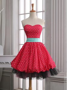 Traditional Lace and Pleated Prom Gown Red Zipper Sleeveless Mini Length