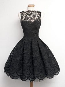 Lace Knee Length Black Dress for Prom Bateau Sleeveless Zipper