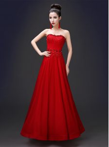 Stylish Red Strapless Neckline Beading and Appliques Prom Dresses Sleeveless Lace Up