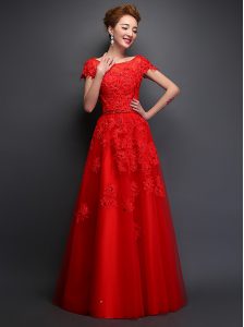 Scoop Red Tulle Lace Up Dress for Prom Cap Sleeves Floor Length Beading and Appliques
