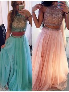 Best Halter Top Tulle Sleeveless Floor Length Homecoming Dress and Beading