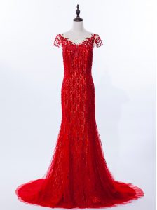 Beautiful Mermaid Lace Red Prom Party Dress Prom and Party and For with Beading and Appliques Scoop Cap Sleeves Brush Tr