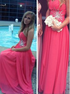 Floor Length Backless Prom Dresses Hot Pink for Prom and Party with Beading
